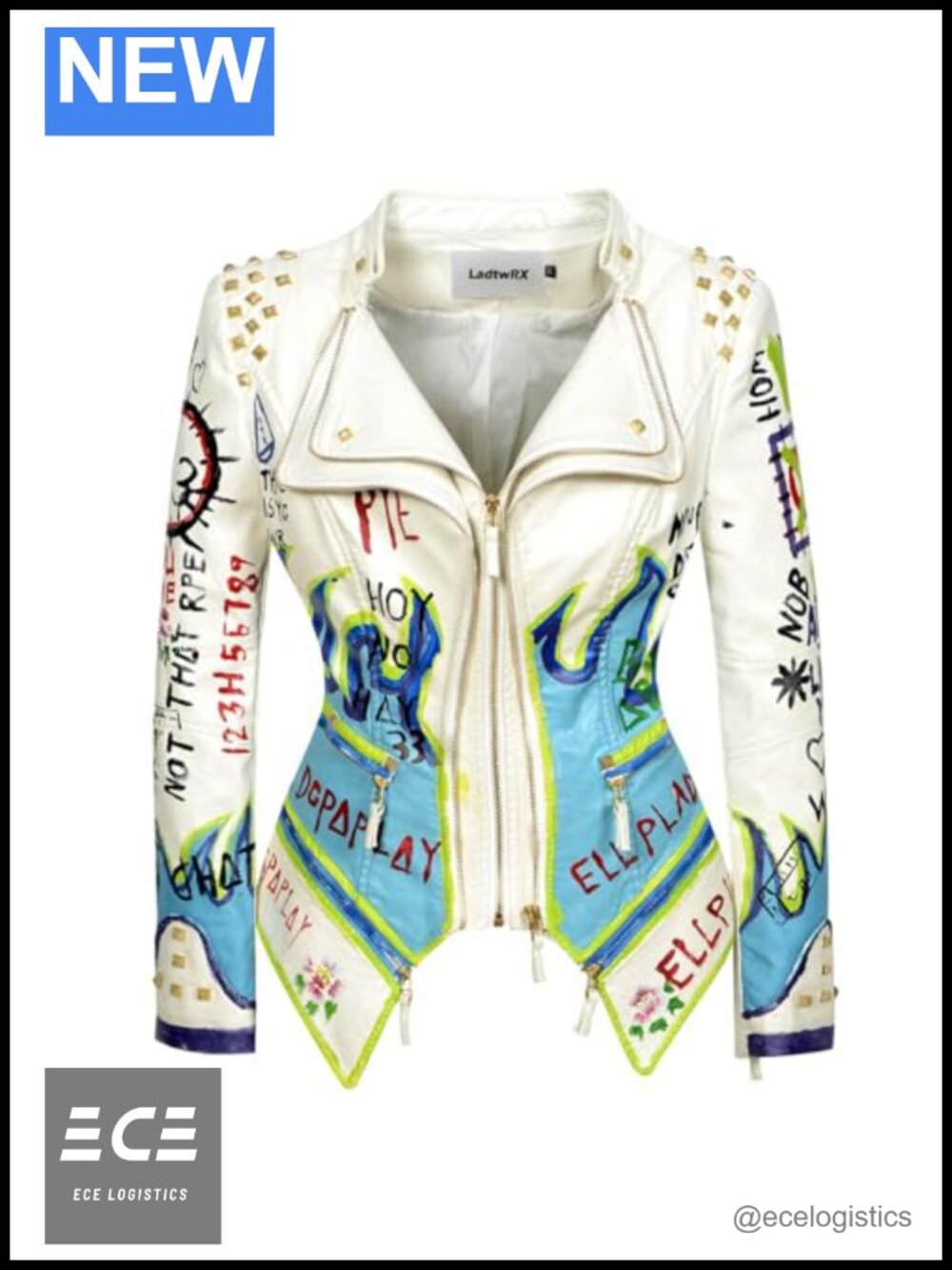 Faux Leather Hand Painted Graffiti Studded Moto Jacket PU Coat